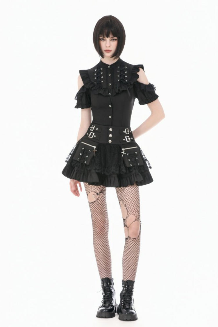 Gothic Blouse with Mandarin Collar and Puff Sleeves