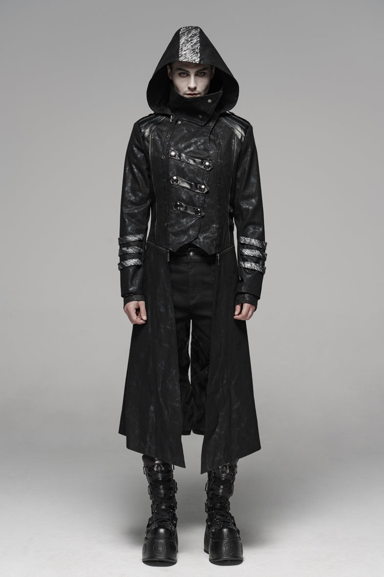 Men's Gothic Long Jacket with Hood and Stretch Twill