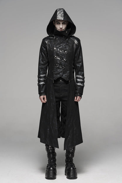 Men's Gothic Long Jacket with Hood and Stretch Twill