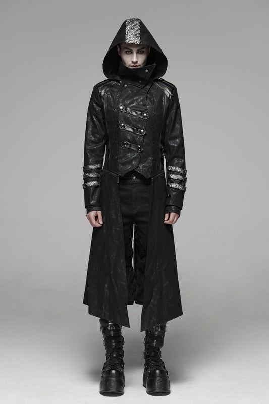 Men's Gothic Long Jacket with Hood and Stretch Twill