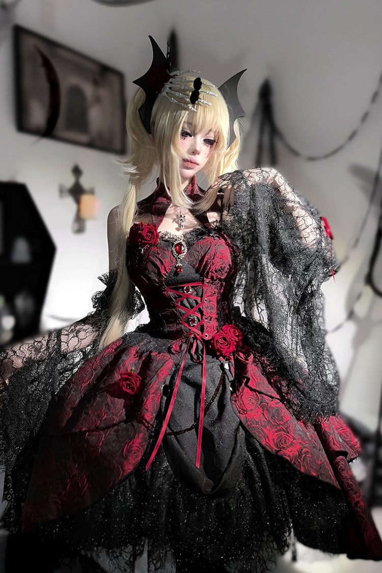Weeping Rose Jacquard Lolita Dress with Lace-Up Cardigan - Noir