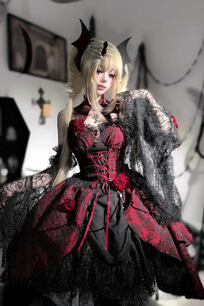 Weeping Rose Jacquard Lolita Dress with Lace-Up Cardigan - Noir