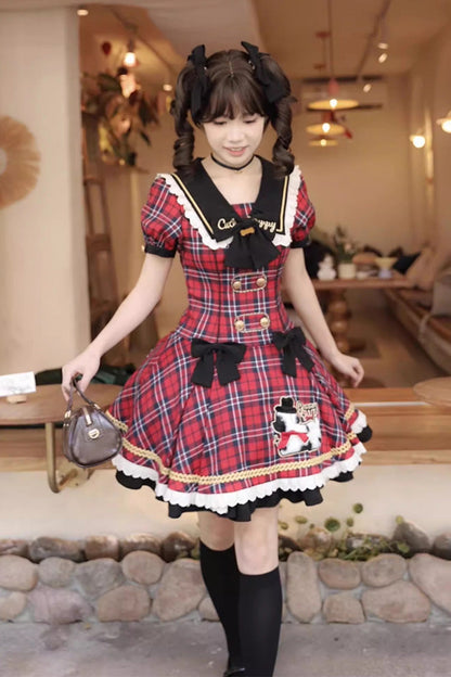 Crimson Dalmatian Bowknot Mini Sweet Lolita Gown with Short Sleeves