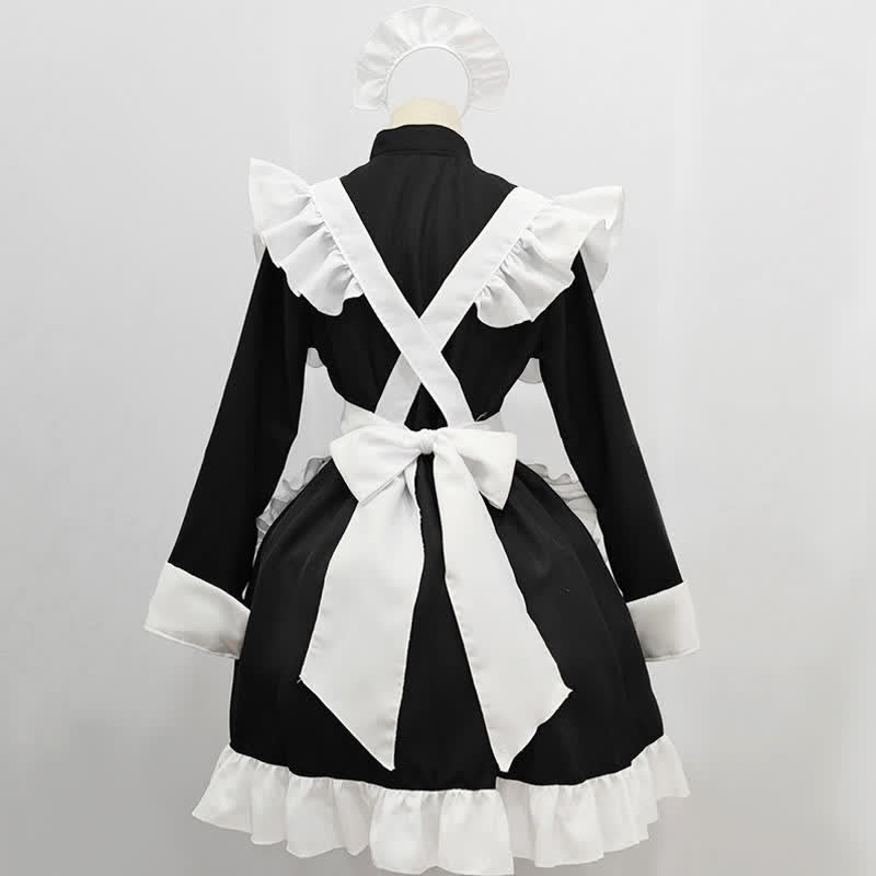 Robe de soubrette Lolita à volants et manches longues avec boutons noirs