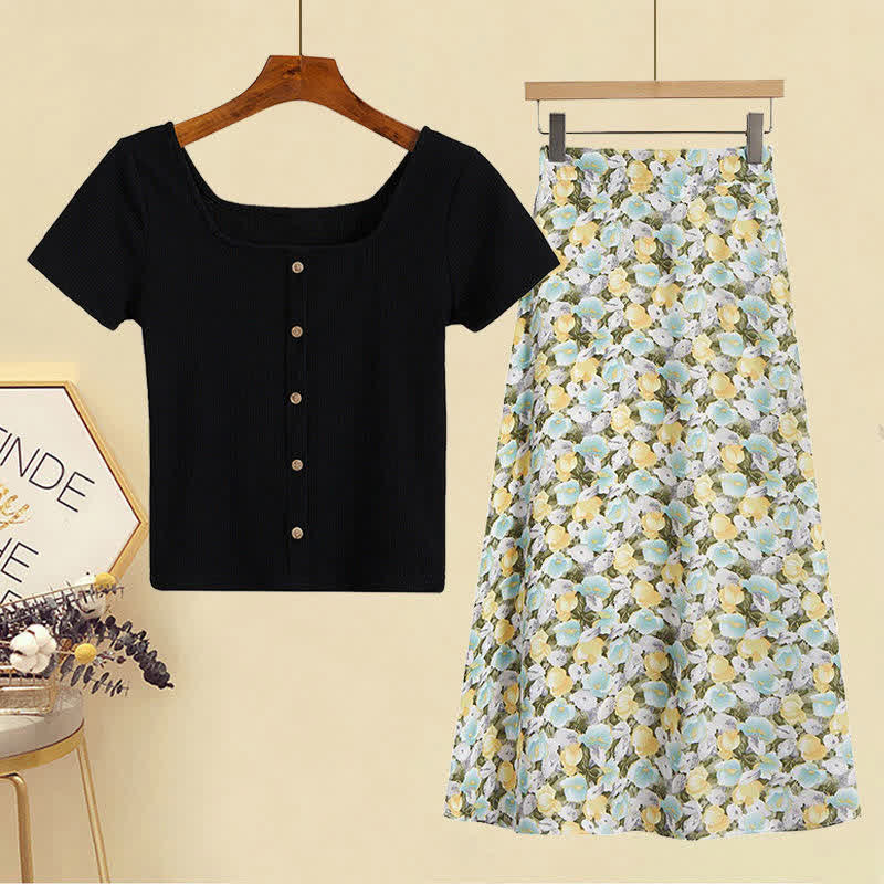 Set Pure T-Shirt Skirt Color Collar Print Sqaure Floral
