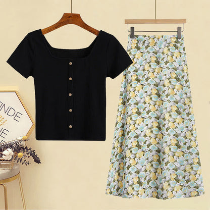 Set Pure T-Shirt Skirt Color Collar Print Sqaure Floral