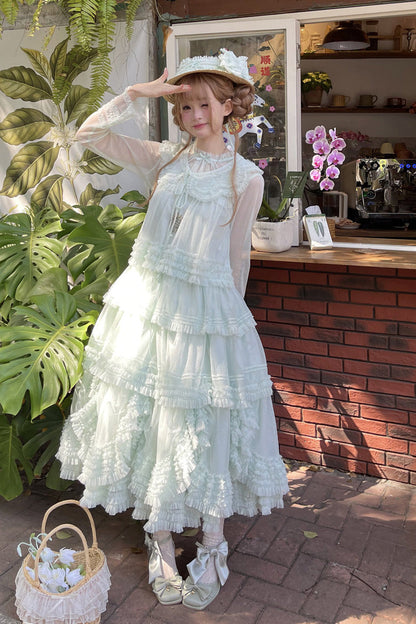 Sweet Stand Collar Long Sleeve Multi Layer Ruffle Color Block Lolita Tiered Dress 14 Colors