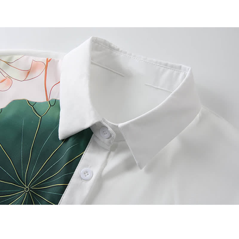 Chemise à revers en mousseline de soie à manches courtes et imprimé lotus irrégulier