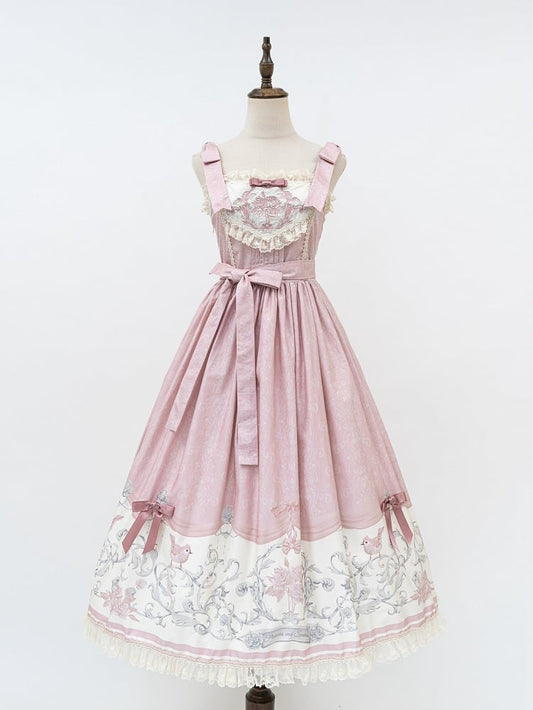 Pink Titmouse and Floral Print Lolita Jumper Skirt