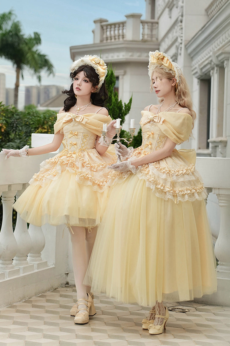 Sissi's Pilgrimage Off Shoulder Ruffle Bow Lace Sweet Lolita Long Skirt in Yellow