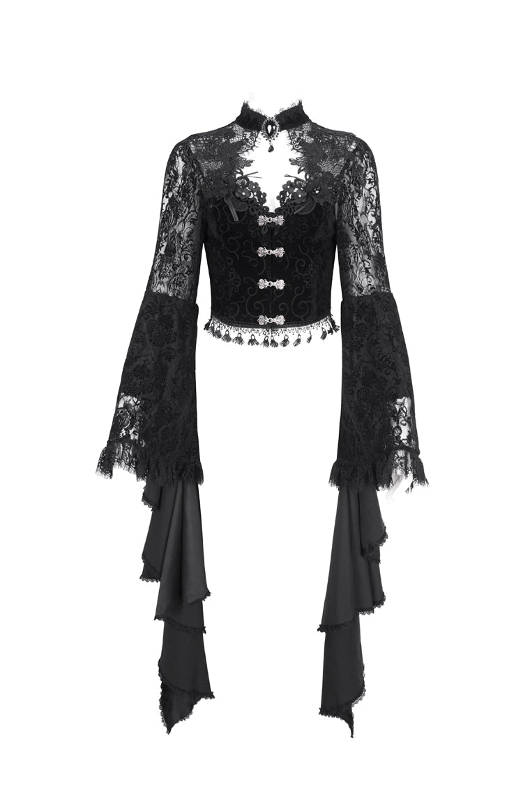 Women's Dark Blouse with Flared Sleeves and Lace Trim