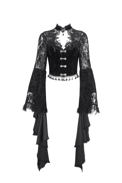 Women's Dark Blouse with Flared Sleeves and Lace Trim