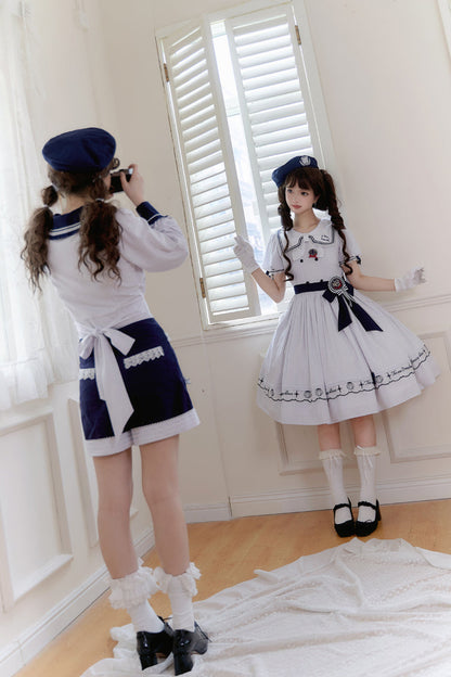 Ivory Navy Stripe Ruffled Embroidered Sweet Lolita Dress