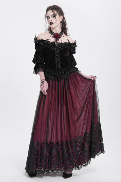 Crimson Stitched Floral Mesh Women's Goth Skirt