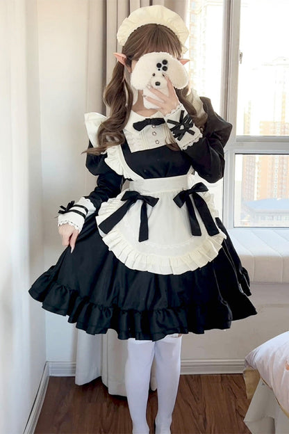 Black White Maid Long Sleeve Ruffle Bow Sweet Plus Size Lolita Dress Full Set