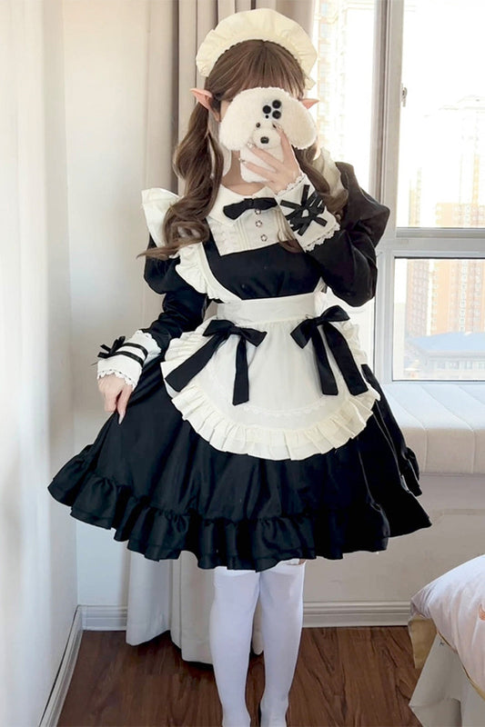 Black White Maid Long Sleeve Ruffle Bow Sweet Plus Size Lolita Dress Full Set