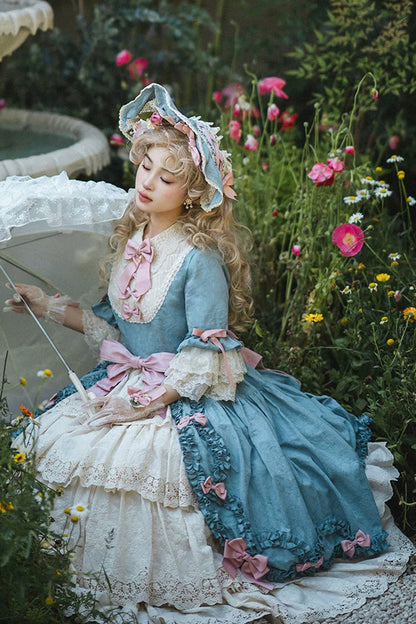 Lapel Short Trumpet Sleeve Ruffled Open Bow Lace Elegant Luxurious Lolita Dress