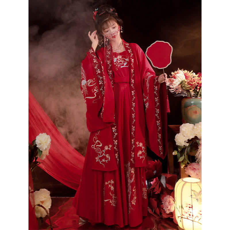 Ensemble Hanfu avec débardeur et jupe à manches longues et broderie de phénix rouge