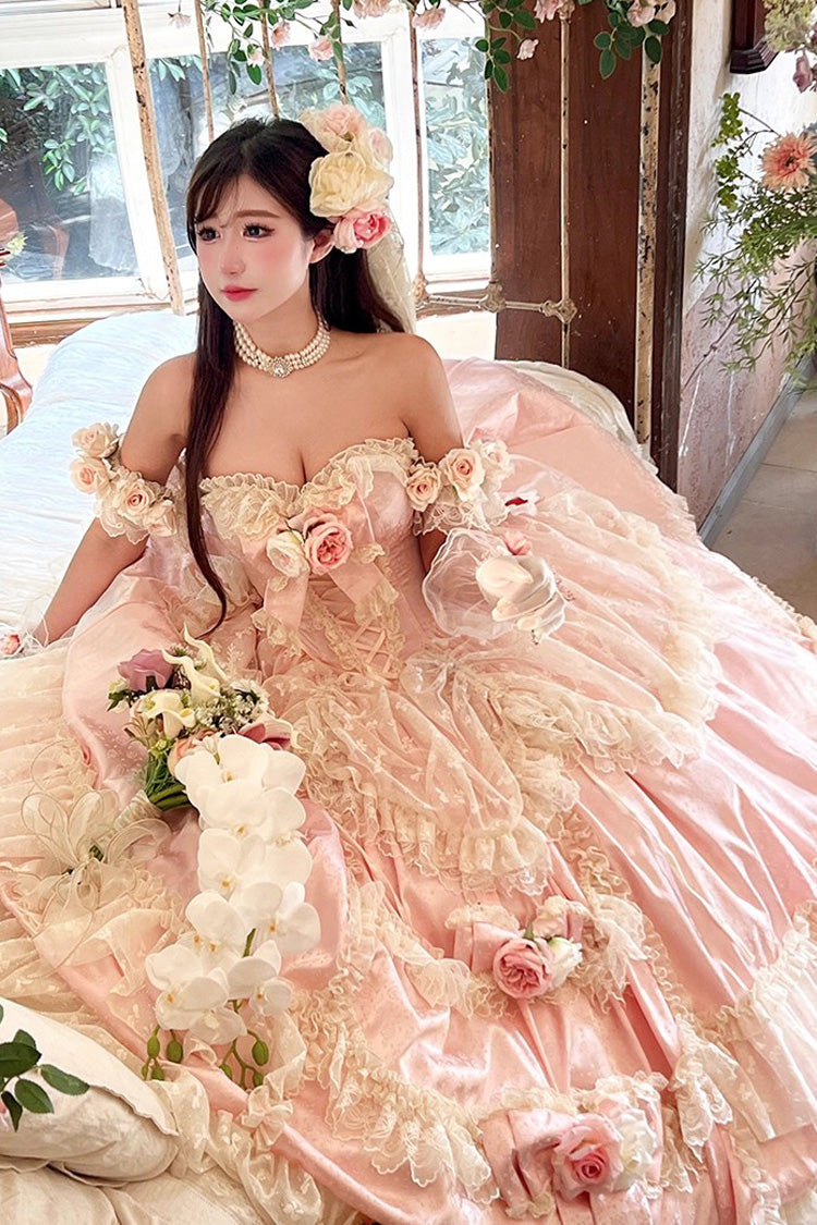 Pink Ruffle Bridal Bow Lace Sweet Princess Lolita Jumper - Love and Roses