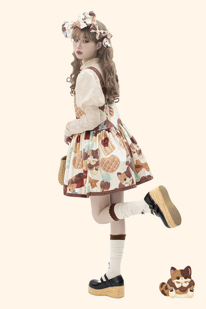 Multicolor Sleeveless Muffin Kitten Print Bow-Trim Sweet Lolita Strap Dress