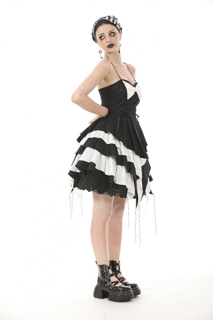Monochrome Sleeveless Multi-Layered Ruffled Bow Slip Dress