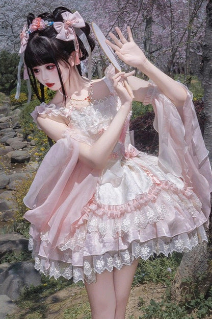 Pink Floral Ruffle Embroidered Bow Chinese Elegant Lolita Jumper - Lyrics in the Midst of Flowers