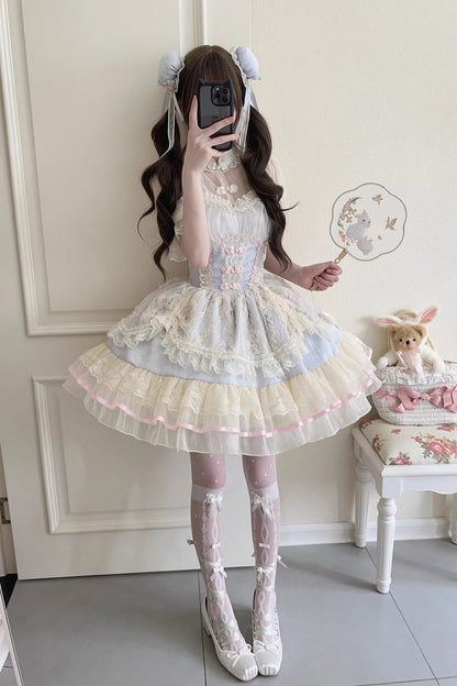 Flower Bud Halterneck Print Ruffle Lace Jsk - Chinese Ballet Lolita