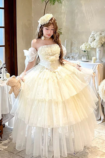 Mousse Serenade Triple-Layered Ruffled Hanayome Bow Lace Sweet Princess Lolita Strapless Dress in Beige