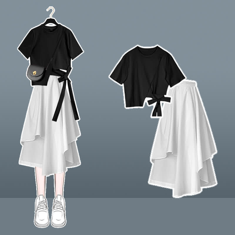 Bow Round Collar Bowknot Crop T-Shirt Irregular Skirt