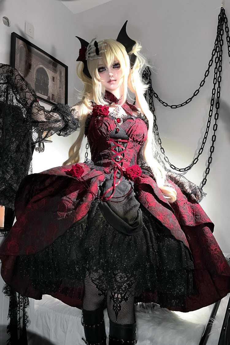 Weeping Rose Jacquard Lolita Dress with Lace-Up Cardigan - Noir