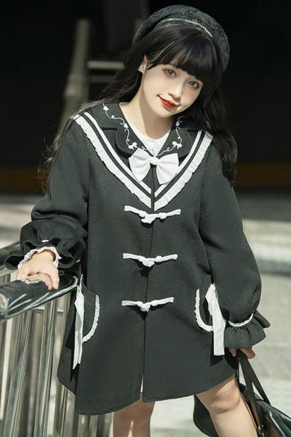 Sweet Lolita Coat with Lantern Sleeves Suit Collar and Back Bow Horn Button