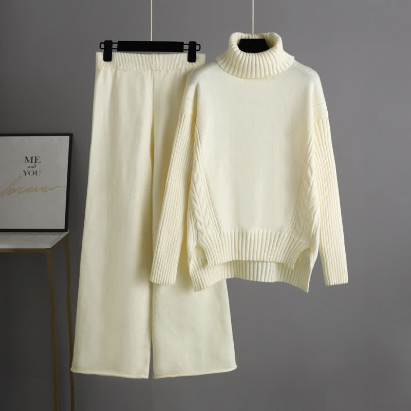 Sweater Cable Color Pants Leg Wide Set Turtleneck Pure