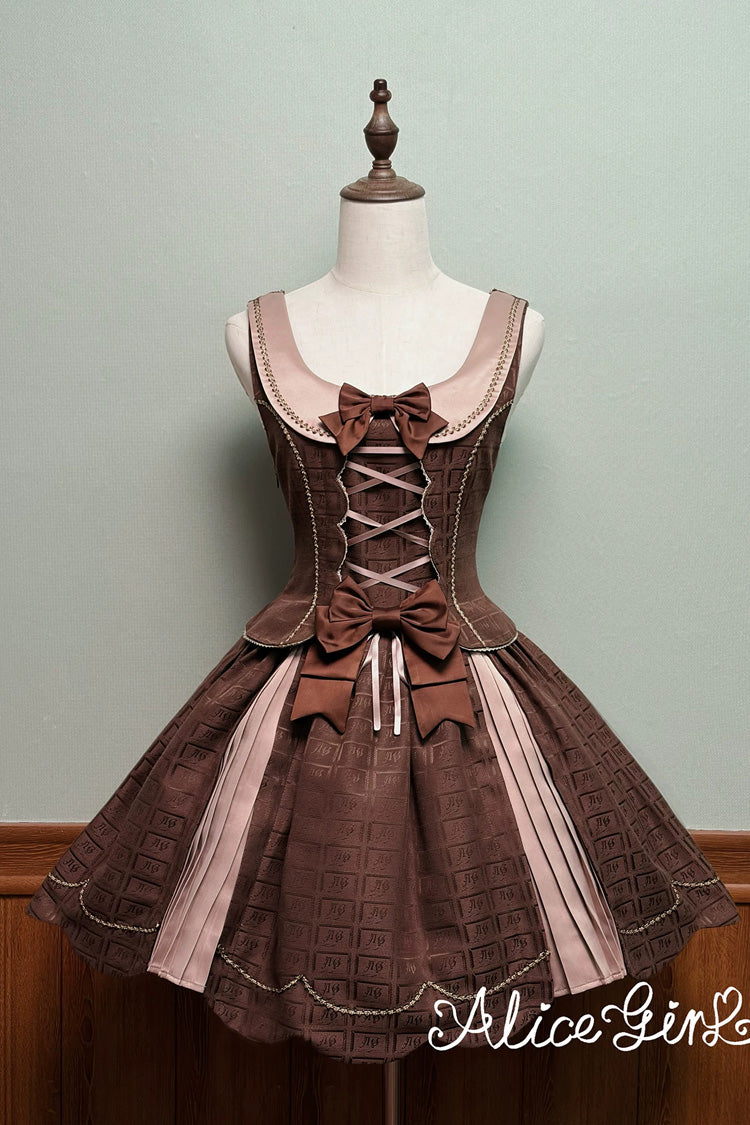 Brown Teddy Chocolate Bar Print Embroidered Bow Lace-Up Classic Lolita JSK Skirt