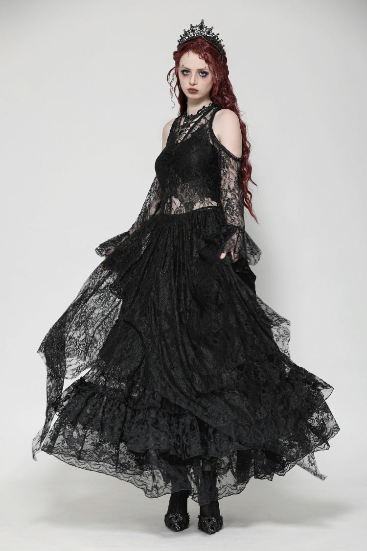 Off Shoulder Long Sleeve Gothic Irregular Lace Wedding Dress