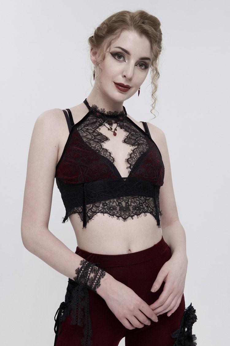 Velvet Chest Cutout Lace Hidden Side Zipper Sexy Gothic Halter Lingerie