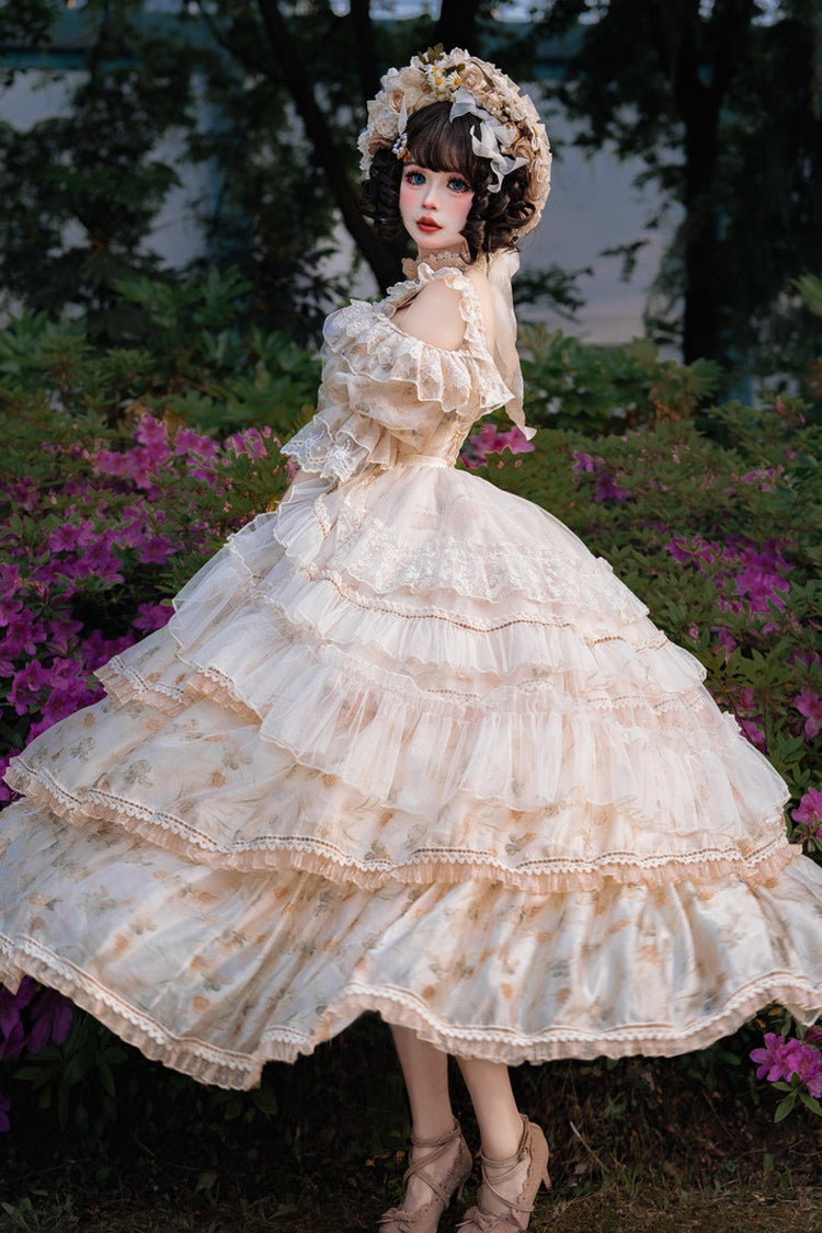 Rose Letter Off Shoulder Triple Layer Print Ruffle Hanayome Princess Lolita in Yellow