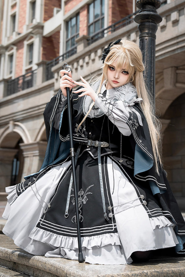 Black Blue Dark Knight Contract Print Ruffle Gothic Military Elegant Skirt