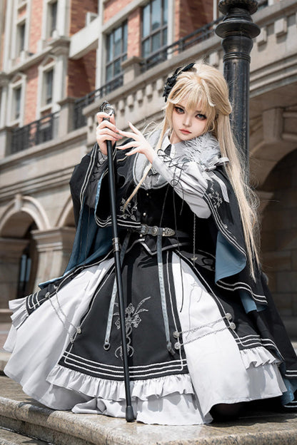 Black Blue Dark Knight Contract Print Ruffle Gothic Military Elegant Skirt