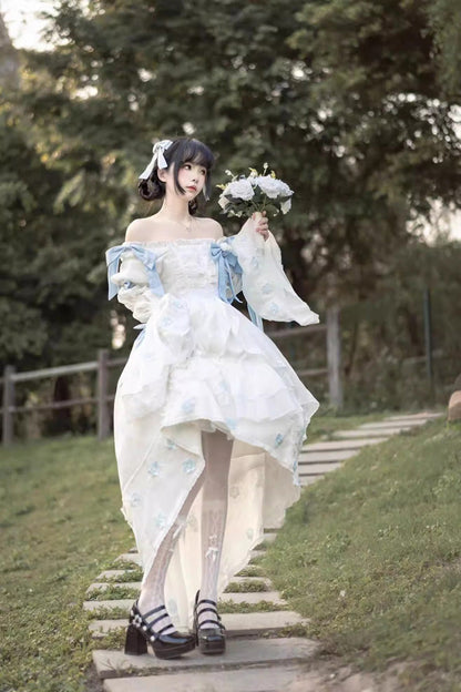 White Boat-Neck Multi-Layer Ruffled Hanayome Bow-Trim Sweet Princess Lolita Strapless Dress