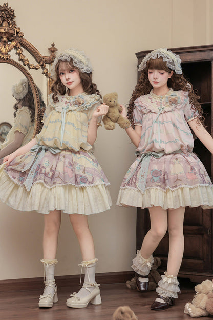 Sunny Short-Sleeve Bear Printed Ruffled Bow Dress Ensemble
