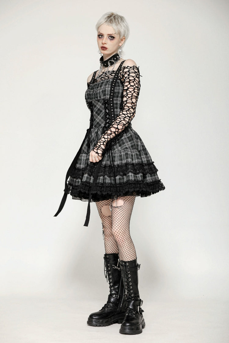 Charcoal Layered Lace Hem Plaid Slip Dress - Punk Party Attire
