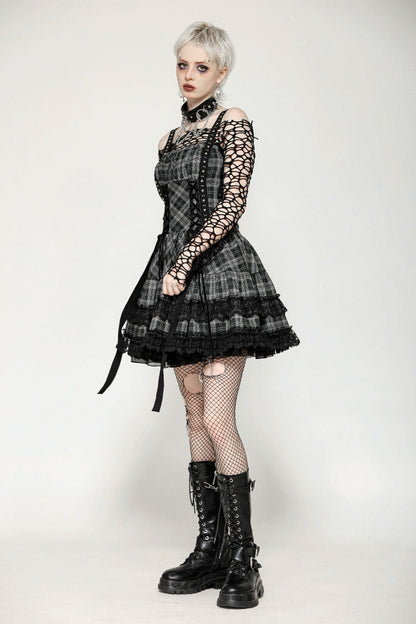 Charcoal Layered Lace Hem Plaid Slip Dress - Punk Party Attire