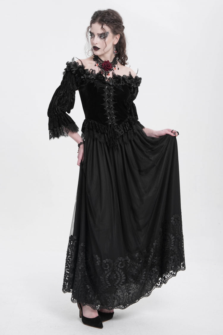 Women's Gothic Floral Mesh Skirt with Black Stitching