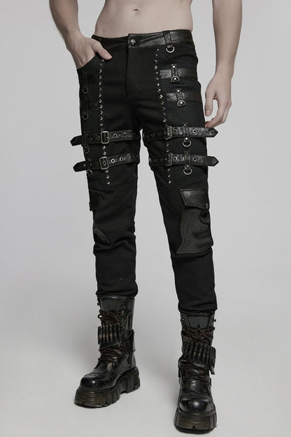 Studded Punk Pants with Buckle Straps and Mesh