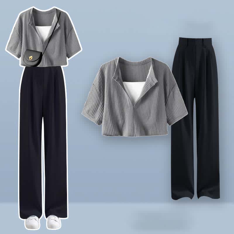 Pieces Set Casual Crop Top Fake Pants Two T-Shirt