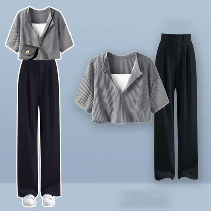 Pieces Set Casual Crop Top Fake Pants Two T-Shirt