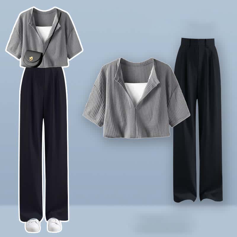 Pieces Set Casual Crop Top Fake Pants Two T-Shirt