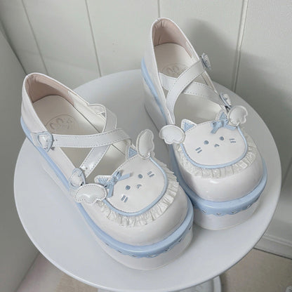 Cat-Design Ruffled Cross-Strap Round-Toe Daily Lolita Platforms in Four Colors