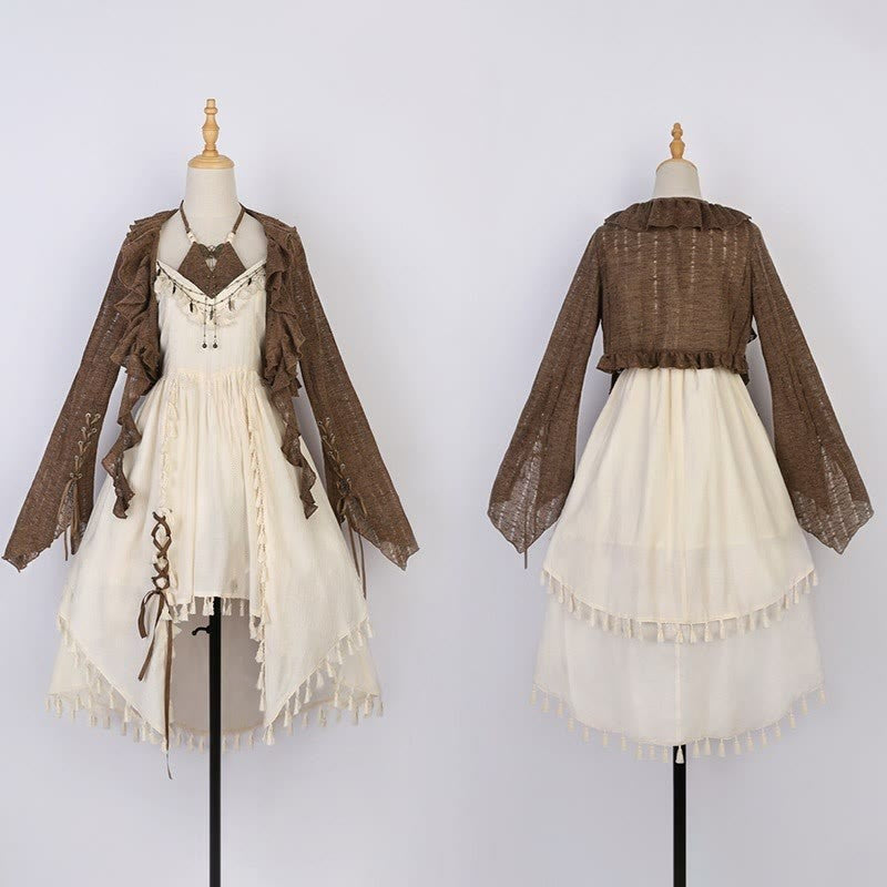 Two Pieces Slip Lace-up Vintage Dress Flounce Top