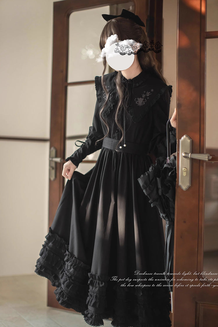 Long-Sleeved Gothic Vintage Elegant Dress with Ruffled Embroidery - Wind Kissed Tulips